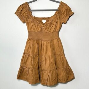 MABLE Smocked Tiered Mini Dress Puff Sleeve Rust Small Cottagecore Boho Milkmaid